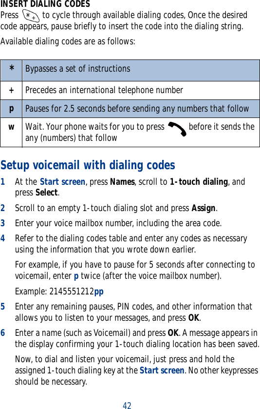 42INSERT DIALING CODESPress   to cycle through available dialing codes, Once the desired code appears, pause briefly to insert the code into the dialing string. Available dialing codes are as follows:Setup voicemail with dialing codes1At the Start screen, press Names, scroll to 1-touch dialing, and press Select.2Scroll to an empty 1-touch dialing slot and press Assign.3Enter your voice mailbox number, including the area code.4Refer to the dialing codes table and enter any codes as necessary using the information that you wrote down earlier.For example, if you have to pause for 5 seconds after connecting to voicemail, enter p twice (after the voice mailbox number).Example: 2145551212pp5Enter any remaining pauses, PIN codes, and other information that allows you to listen to your messages, and press OK.6Enter a name (such as Voicemail) and press OK. A message appears in the display confirming your 1-touch dialing location has been saved.Now, to dial and listen your voicemail, just press and hold the assigned 1-touch dialing key at the Start screen. No other keypresses should be necessary.*Bypasses a set of instructions+Precedes an international telephone numberpPauses for 2.5 seconds before sending any numbers that followwWait. Your phone waits for you to press   before it sends the any (numbers) that follow