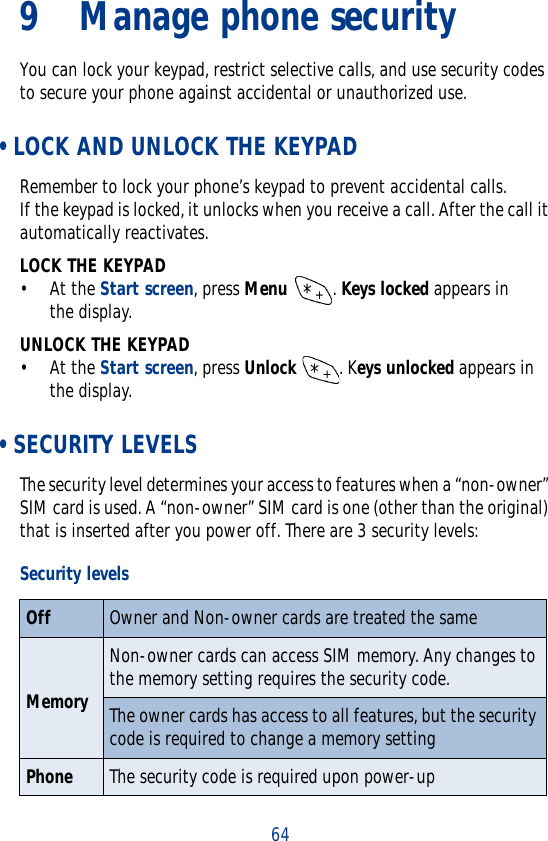 649 Manage phone securityYou can lock your keypad, restrict selective calls, and use security codes to secure your phone against accidental or unauthorized use. • LOCK AND UNLOCK THE KEYPADRemember to lock your phone’s keypad to prevent accidental calls. If the keypad is locked, it unlocks when you receive a call. After the call it automatically reactivates.LOCK THE KEYPAD• At the Start screen, press Menu . Keys locked appears in the display.UNLOCK THE KEYPAD• At the Start screen, press Unlock . Keys unlocked appears in the display. • SECURITY LEVELSThe security level determines your access to features when a “non-owner” SIM card is used. A “non-owner” SIM card is one (other than the original) that is inserted after you power off. There are 3 security levels:Security levelsOff Owner and Non-owner cards are treated the sameMemoryNon-owner cards can access SIM memory. Any changes to the memory setting requires the security code.The owner cards has access to all features, but the security code is required to change a memory settingPhone The security code is required upon power-up