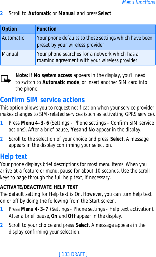 [ 103 DRAFT ]Menu functions2Scroll to Automatic or Manual and press Select.Note: If No system access appears in the display, you’ll need to switch to Automatic mode, or insert another SIM card into the phone.Confirm SIM service actionsThis option allows you to request notification when your service provider makes changes to SIM-related services (such as activating GPRS service).1Press Menu 4-3-6 (Settings - Phone settings - Confirm SIM service actions). After a brief pause, Yes and No appear in the display.2Scroll to the selection of your choice and press Select. A message appears in the display confirming your selection.Help textYour phone displays brief descriptions for most menu items. When you arrive at a feature or menu, pause for about 10 seconds. Use the scroll keys to page through the full help text, if necessary.ACTIVATE/DEACTIVATE HELP TEXTThe default setting for Help text is On. However, you can turn help text on or off by doing the following from the Start screen.1Press Menu 4-3-7 (Settings - Phone settings - Help text activation). After a brief pause, On and Off appear in the display.2Scroll to your choice and press Select. A message appears in the display confirming your selection.Option FunctionAutomatic Your phone defaults to those settings which have been preset by your wireless providerManual Your phone searches for a network which has a roaming agreement with your wireless provider
