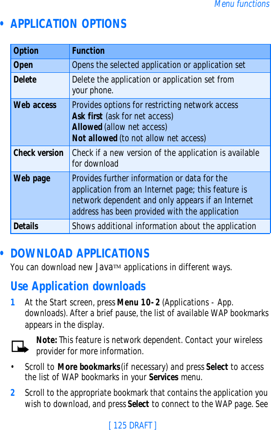 [ 125 DRAFT ]Menu functions • APPLICATION OPTIONS • DOWNLOAD APPLICATIONSYou can download new JavaTM applications in different ways.Use Application downloads1At the Start screen, press Menu 10-2 (Applications - App. downloads). After a brief pause, the list of available WAP bookmarks appears in the display.Note: This feature is network dependent. Contact your wireless provider for more information.•Scroll to More bookmarks (if necessary) and press Select to access the list of WAP bookmarks in your Services menu.2Scroll to the appropriate bookmark that contains the application you wish to download, and press Select to connect to the WAP page. See Option FunctionOpen Opens the selected application or application setDelete Delete the application or application set from your phone.Web access Provides options for restricting network access Ask first (ask for net access)Allowed (allow net access)Not allowed (to not allow net access)Check version Check if a new version of the application is available for downloadWeb page Provides further information or data for the application from an Internet page; this feature is network dependent and only appears if an Internet address has been provided with the applicationDetails Shows additional information about the application