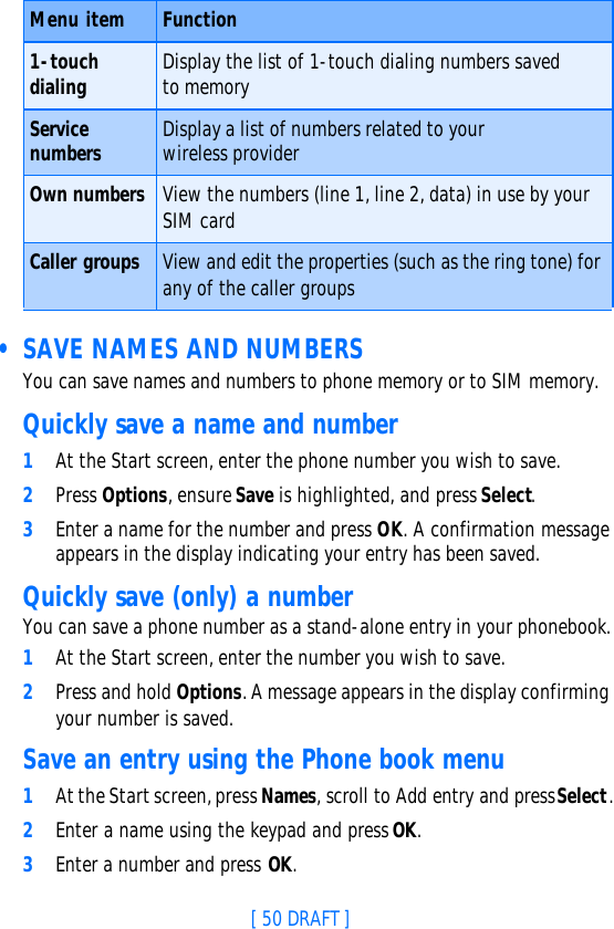 [ 50 DRAFT ] • SAVE NAMES AND NUMBERSYou can save names and numbers to phone memory or to SIM memory.Quickly save a name and number1At the Start screen, enter the phone number you wish to save.2Press Options, ensure Save is highlighted, and press Select.3Enter a name for the number and press OK. A confirmation message appears in the display indicating your entry has been saved.Quickly save (only) a numberYou can save a phone number as a stand-alone entry in your phonebook.1At the Start screen, enter the number you wish to save.2Press and hold Options. A message appears in the display confirming your number is saved. Save an entry using the Phone book menu1At the Start screen, press Names, scroll to Add entry and press Select.2Enter a name using the keypad and press OK.3Enter a number and press OK.1-touch dialing Display the list of 1-touch dialing numbers saved to memoryService numbers Display a list of numbers related to your wireless providerOwn numbers View the numbers (line 1, line 2, data) in use by your SIM cardCaller groups View and edit the properties (such as the ring tone) for any of the caller groupsMenu item Function