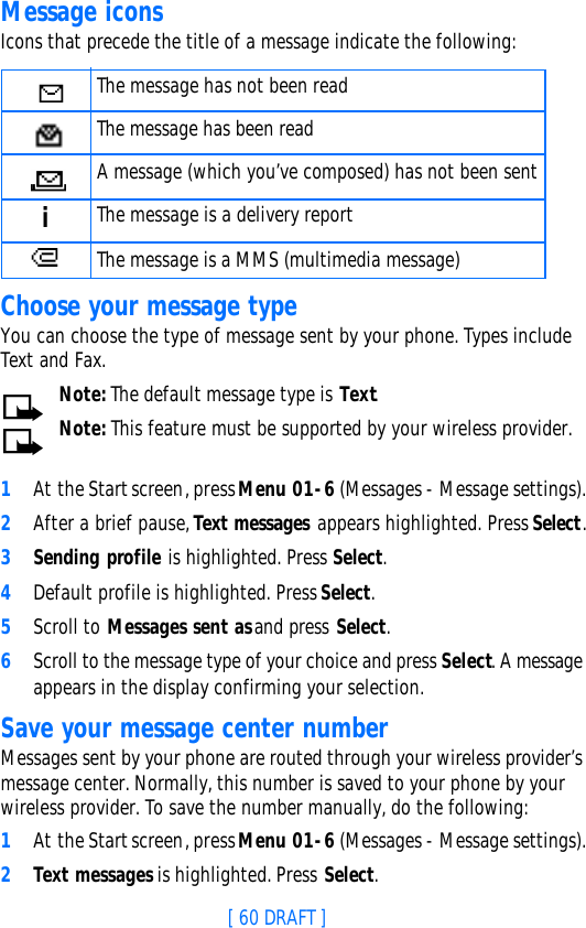 [ 60 DRAFT ]Message iconsIcons that precede the title of a message indicate the following:Choose your message typeYou can choose the type of message sent by your phone. Types include Text and Fax.Note: The default message type is Text.Note: This feature must be supported by your wireless provider.1At the Start screen, press Menu 01-6 (Messages - Message settings).2After a brief pause, Text messages appears highlighted. Press Select.3Sending profile is highlighted. Press Select.4Default profile is highlighted. Press Select. 5Scroll to Messages sent as and press Select.6Scroll to the message type of your choice and press Select. A message appears in the display confirming your selection.Save your message center numberMessages sent by your phone are routed through your wireless provider’s message center. Normally, this number is saved to your phone by your wireless provider. To save the number manually, do the following:1At the Start screen, press Menu 01-6 (Messages - Message settings).2Text messages is highlighted. Press Select.The message has not been readThe message has been readA message (which you’ve composed) has not been sentiThe message is a delivery reportThe message is a MMS (multimedia message)