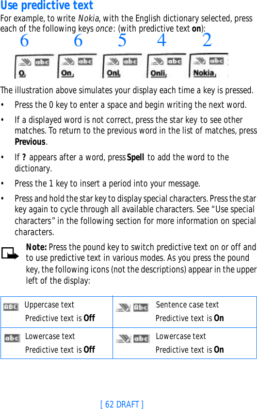 [ 62 DRAFT ]Use predictive textFor example, to write Nokia, with the English dictionary selected, press each of the following keys once: (with predictive text on):6 6 5 4 2The illustration above simulates your display each time a key is pressed.•Press the 0 key to enter a space and begin writing the next word.•If a displayed word is not correct, press the star key to see other matches. To return to the previous word in the list of matches, press Previous.•If ? appears after a word, press Spell to add the word to the dictionary.•Press the 1 key to insert a period into your message.•Press and hold the star key to display special characters. Press the star key again to cycle through all available characters. See “Use special characters” in the following section for more information on special characters.Note: Press the pound key to switch predictive text on or off and to use predictive text in various modes. As you press the pound key, the following icons (not the descriptions) appear in the upper left of the display: Uppercase textPredictive text is Off  Sentence case textPredictive text is On Lowercase textPredictive text is Off  Lowercase textPredictive text is On