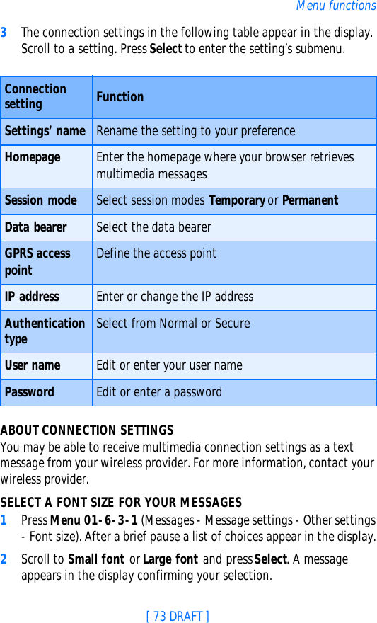 [ 73 DRAFT ]Menu functions3The connection settings in the following table appear in the display. Scroll to a setting. Press Select to enter the setting’s submenu.ABOUT CONNECTION SETTINGSYou may be able to receive multimedia connection settings as a text message from your wireless provider. For more information, contact your wireless provider.SELECT A FONT SIZE FOR YOUR MESSAGES1Press Menu 01-6-3-1 (Messages - Message settings - Other settings - Font size). After a brief pause a list of choices appear in the display.2Scroll to Small font or Large font and press Select. A message appears in the display confirming your selection.Connection setting FunctionSettings’ name Rename the setting to your preferenceHomepage Enter the homepage where your browser retrieves multimedia messagesSession mode Select session modes Temporary or PermanentData bearer Select the data bearerGPRS access point Define the access pointIP address Enter or change the IP addressAuthentication type Select from Normal or SecureUser name Edit or enter your user namePassword Edit or enter a password