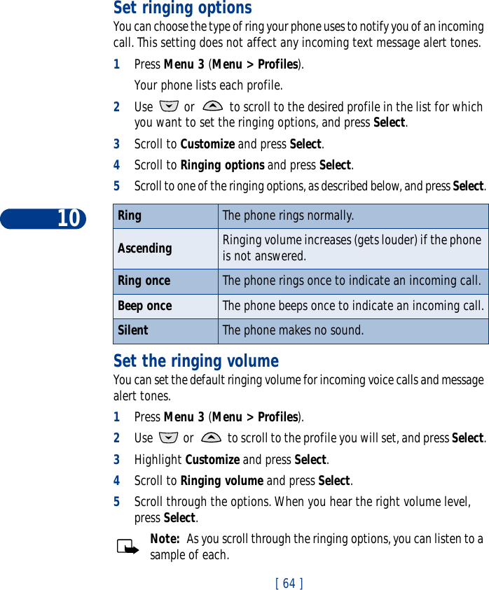 10[ 64 ]Set ringing optionsYou can choose the type of ring your phone uses to notify you of an incoming call. This setting does not affect any incoming text message alert tones. 1Press Menu 3 (Menu &gt; Profiles). Your phone lists each profile.2Use   or   to scroll to the desired profile in the list for which you want to set the ringing options, and press Select. 3Scroll to Customize and press Select.4Scroll to Ringing options and press Select. 5Scroll to one of the ringing options, as described below, and press Select.Set the ringing volumeYou can set the default ringing volume for incoming voice calls and message alert tones. 1Press Menu 3 (Menu &gt; Profiles).2Use   or   to scroll to the profile you will set, and press Select.3Highlight Customize and press Select.4Scroll to Ringing volume and press Select. 5Scroll through the options. When you hear the right volume level, press Select.Note:  As you scroll through the ringing options, you can listen to a sample of each. Ring The phone rings normally.Ascending Ringing volume increases (gets louder) if the phone is not answered.Ring once The phone rings once to indicate an incoming call.Beep once The phone beeps once to indicate an incoming call.Silent The phone makes no sound.
