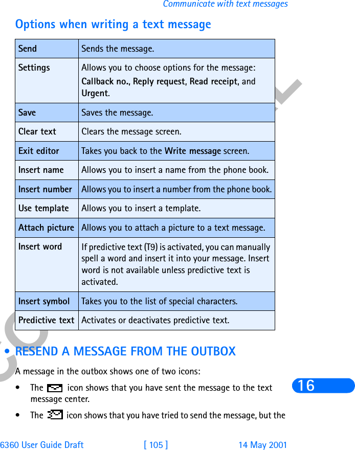 &amp;21),&apos;(17,$/6360 User Guide Draft [ 105 ] 14 May 2001Communicate with text messages16Options when writing a text message • RESEND A MESSAGE FROM THE OUTBOXA message in the outbox shows one of two icons: • The   icon shows that you have sent the message to the text message center.• The   icon shows that you have tried to send the message, but the Send Sends the message.Settings Allows you to choose options for the message:Callback no., Reply request, Read receipt, and Urgent.Save Saves the message.Clear text Clears the message screen.Exit editor Takes you back to the Write message screen.Insert name Allows you to insert a name from the phone book.Insert number Allows you to insert a number from the phone book.Use template Allows you to insert a template.Attach picture Allows you to attach a picture to a text message.Insert word If predictive text (T9) is activated, you can manually spell a word and insert it into your message. Insert word is not available unless predictive text is activated.Insert symbol Takes you to the list of special characters.Predictive text Activates or deactivates predictive text. 