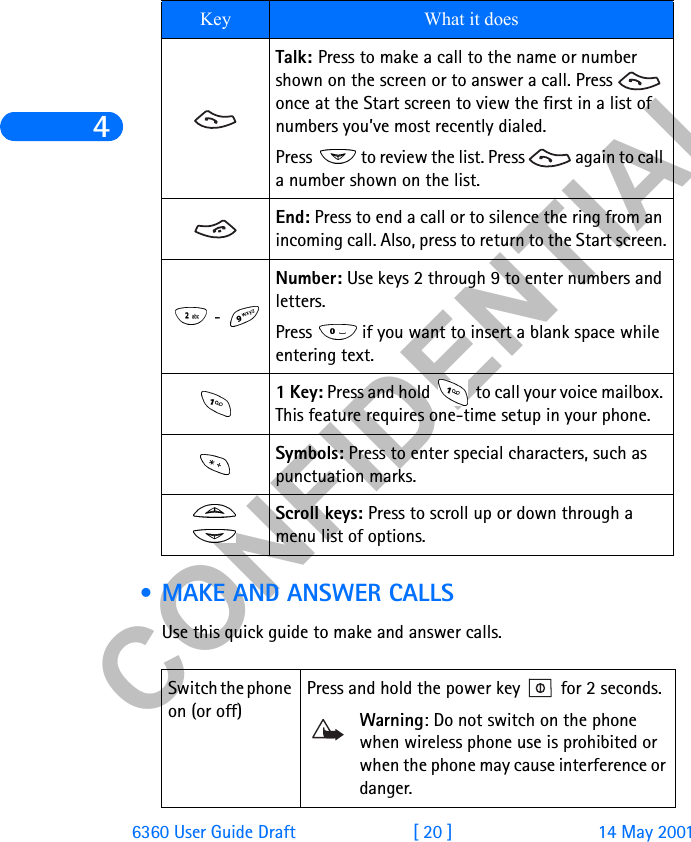 &amp;21),&apos;(17,$/46360 User Guide Draft [ 20 ] 14 May 2001 • MAKE AND ANSWER CALLSUse this quick guide to make and answer calls.Talk: Press to make a call to the name or number shown on the screen or to answer a call. Press   once at the Start screen to view the first in a list of numbers you’ve most recently dialed.Press   to review the list. Press   again to call a number shown on the list.End: Press to end a call or to silence the ring from an incoming call. Also, press to return to the Start screen. - Number: Use keys 2 through 9 to enter numbers and letters. Press   if you want to insert a blank space while entering text. 1 Key: Press and hold   to call your voice mailbox. This feature requires one-time setup in your phone.Symbols: Press to enter special characters, such as punctuation marks.     Scroll keys: Press to scroll up or down through a menu list of options. Switch the phone on (or off)Press and hold the power key   for 2 seconds.Warning: Do not switch on the phone when wireless phone use is prohibited or when the phone may cause interference or danger. Key What it does