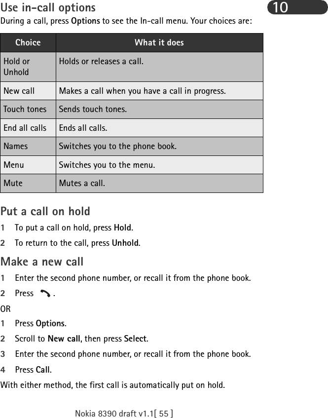 Nokia 8390 draft v1.1[ 55 ]10Use in-call optionsDuring a call, press Options to see the In-call menu. Your choices are:Put a call on hold1To put a call on hold, press Hold.2To return to the call, press Unhold.Make a new call1Enter the second phone number, or recall it from the phone book.2Press .OR1Press Options.2Scroll to New call, then press Select.3Enter the second phone number, or recall it from the phone book.4Press Call.With either method, the first call is automatically put on hold.Choice What it doesHold or UnholdHolds or releases a call.New call Makes a call when you have a call in progress.Touch tones Sends touch tones.End all calls Ends all calls.Names Switches you to the phone book.Menu Switches you to the menu.Mute Mutes a call.