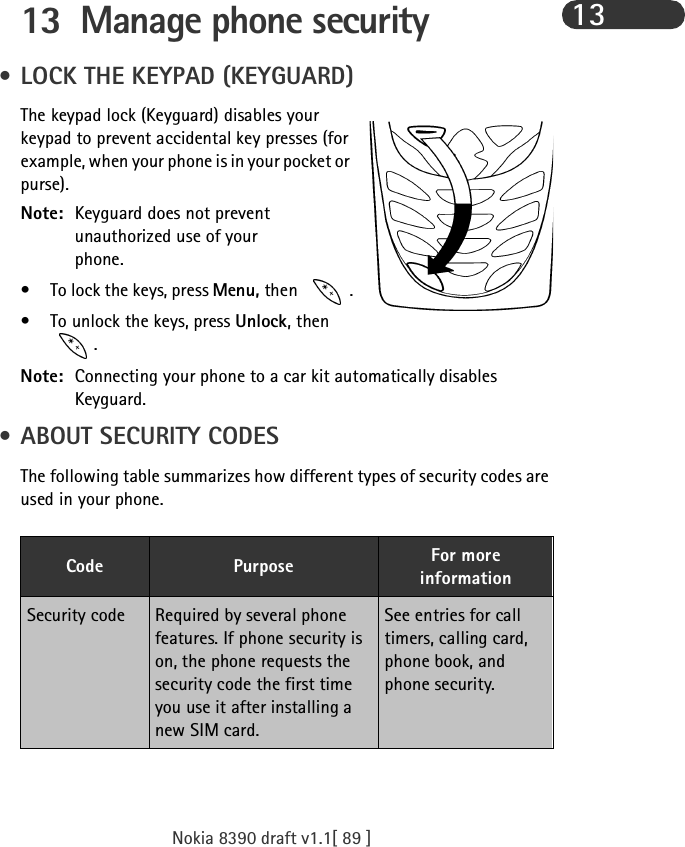 Nokia 8390 draft v1.1[ 89 ]1313 Manage phone security  • LOCK THE KEYPAD (KEYGUARD)The keypad lock (Keyguard) disables your keypad to prevent accidental key presses (for example, when your phone is in your pocket or purse).Note: Keyguard does not prevent unauthorized use of your phone.• To lock the keys, press Menu, then   .• To unlock the keys, press Unlock, then .Note: Connecting your phone to a car kit automatically disables Keyguard. • ABOUT SECURITY CODESThe following table summarizes how different types of security codes are used in your phone.Code Purpose For more informationSecurity code Required by several phone features. If phone security is on, the phone requests the security code the first time you use it after installing a new SIM card.See entries for call timers, calling card, phone book, and phone security.