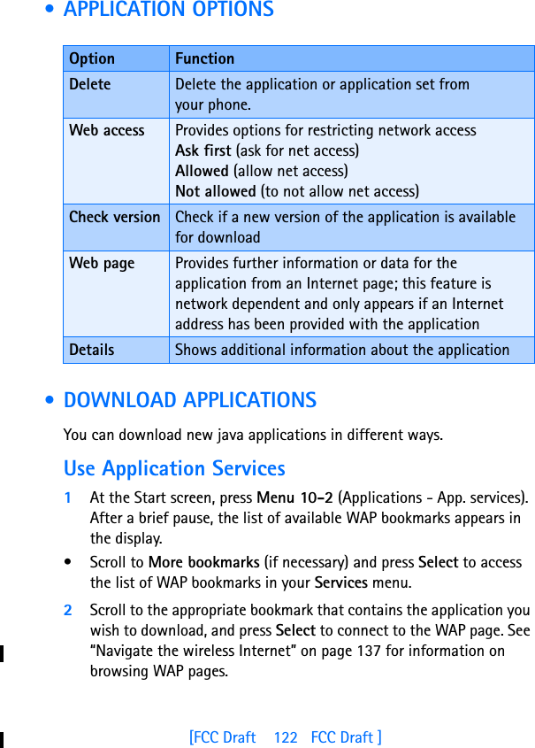 [FCC Draft    122   FCC Draft ] • APPLICATION OPTIONS • DOWNLOAD APPLICATIONSYou can download new java applications in different ways.Use Application Services1At the Start screen, press Menu 10-2 (Applications - App. services). After a brief pause, the list of available WAP bookmarks appears in the display.• Scroll to More bookmarks (if necessary) and press Select to access the list of WAP bookmarks in your Services menu.2Scroll to the appropriate bookmark that contains the application you wish to download, and press Select to connect to the WAP page. See “Navigate the wireless Internet” on page 137 for information on browsing WAP pages.Option FunctionDelete Delete the application or application set from your phone.Web access Provides options for restricting network access Ask first (ask for net access)Allowed (allow net access)Not allowed (to not allow net access)Check version Check if a new version of the application is available for downloadWeb page Provides further information or data for the application from an Internet page; this feature is network dependent and only appears if an Internet address has been provided with the applicationDetails Shows additional information about the application