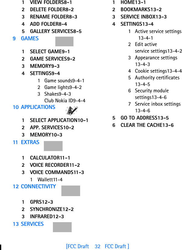[FCC Draft    32   FCC Draft ]1 VIEW FOLDERS8-12 DELETE FOLDER8-23 RENAME FOLDER8-34 ADD FOLDER8-45 GALLERY SERVICES8-59 GAMES1 SELECT GAME9-12 GAME SERVICES9-23MEMORY9-34 SETTINGS9-41 Game sounds9-4-12 Game lights9-4-23 Shakes9-4-3Club Nokia ID9-4-410 APPLICATIONS1 SELECT APPLICATION10-12 APP. SERVICES10-23MEMORY10-311 EXT R A S1 CALCULATOR11-12 VOICE RECORDER11-23 VOICE COMMANDS11-31 Wallett11-412 CONNECTIVITY1 GPRS12-32 SYNCHRONIZE12-23 INFRARED12-313 SERVICES1 HOME13-12 BOOKMARKS13-23 SERVICE INBOX13-34 SETTINGS13-41 Active service settings13-4-12 Edit active service settings13-4-23 Appearance settings13-4-34 Cookie settings13-4-45 Authority certificates13-4-56 Security module settings13-4-67 Service inbox settings13-4-65 GO TO ADDRESS13-56 CLEAR THE CACHE13-6