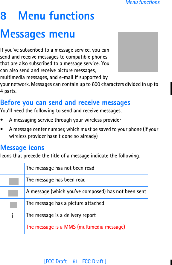 [FCC Draft    61   FCC Draft ]Menu functions8 Menu functionsMessages menuIf you’ve subscribed to a message service, you can send and receive messages to compatible phones that are also subscribed to a message service. You can also send and receive picture messages, multimedia messages, and e-mail if supported by your network. Messages can contain up to 600 characters divided in up to 4 parts.Before you can send and receive messagesYou’ll need the following to send and receive messages:• A messaging service through your wireless provider• A message center number, which must be saved to your phone (if your wireless provider hasn’t done so already)Message iconsIcons that precede the title of a message indicate the following:The message has not been readThe message has been readA message (which you’ve composed) has not been sentThe message has a picture attachediThe message is a delivery reportThe message is a MMS (multimedia message)