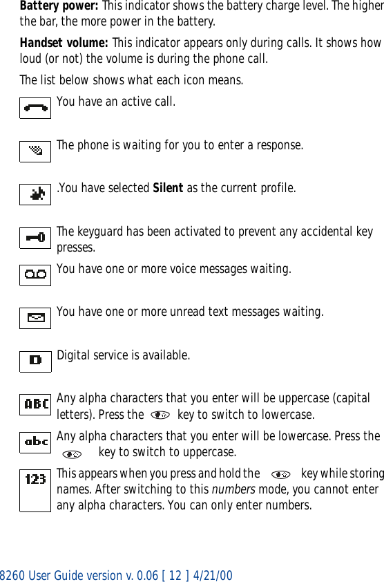 8260 User Guide version v. 0.06 [ 12 ] 4/21/00Battery power: This indicator shows the battery charge level. The higher the bar, the more power in the battery. Handset volume: This indicator appears only during calls. It shows how loud (or not) the volume is during the phone call.The list below shows what each icon means. You have an active call.The phone is waiting for you to enter a response..You have selected Silent as the current profile.The keyguard has been activated to prevent any accidental key presses.You have one or more voice messages waiting.You have one or more unread text messages waiting.Digital service is available.Any alpha characters that you enter will be uppercase (capital letters). Press the   key to switch to lowercase.Any alpha characters that you enter will be lowercase. Press the  key to switch to uppercase.This appears when you press and hold the   key while storing names. After switching to this numbers mode, you cannot enter any alpha characters. You can only enter numbers.