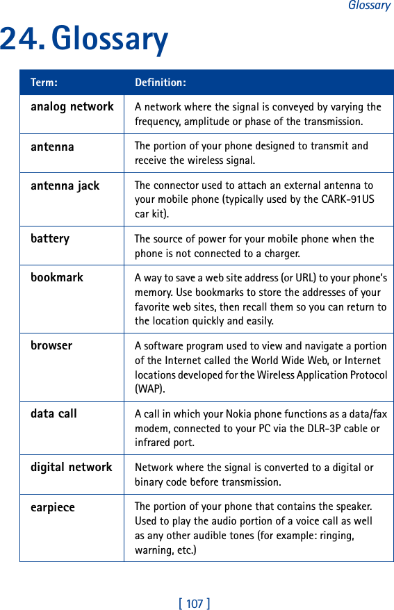 [ 107 ]Glossary24. GlossaryTerm: Definition:analog network  A network where the signal is conveyed by varying the frequency, amplitude or phase of the transmission.antenna The portion of your phone designed to transmit and receive the wireless signal.antenna jack The connector used to attach an external antenna to your mobile phone (typically used by the CARK-91US car kit).battery  The source of power for your mobile phone when the phone is not connected to a charger.bookmark  A way to save a web site address (or URL) to your phone’s memory. Use bookmarks to store the addresses of your favorite web sites, then recall them so you can return to the location quickly and easily.browser  A software program used to view and navigate a portion of the Internet called the World Wide Web, or Internet locations developed for the Wireless Application Protocol (WAP).data call  A call in which your Nokia phone functions as a data/fax modem, connected to your PC via the DLR-3P cable or infrared port.digital network   Network where the signal is converted to a digital or binary code before transmission.earpiece The portion of your phone that contains the speaker. Used to play the audio portion of a voice call as well as any other audible tones (for example: ringing, warning, etc.)