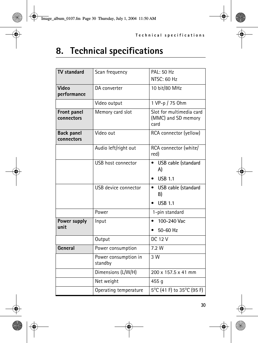 Technical specifications308. Technical specificationsTV standard Scan frequency PAL: 50 HzNTSC: 60 HzVideo performanceDA converter 10 bit/80 MHzVideo output 1 VP-p / 75 OhmFront panel connectorsMemory card slot Slot for multimedia card (MMC) and SD memory cardBack panel connectorsVideo out RCA connector (yellow)Audio left/right out RCA connector (white/red)USB host connector • USB cable (standard A)•USB 1.1USB device connector • USB cable (standard B)•USB 1.1Power  1-pin standardPower supply unitInput • 100-240 Vac• 50-60 HzOutput DC 12 VGeneral Power consumption 7.2 WPower consumption in standby3 WDimensions (L/W/H) 200 x 157.5 x 41 mmNet weight 455 gOperating temperature 5ºC (41 F) to 35ºC (95 F)Image_album_0107.fm  Page 30  Thursday, July 1, 2004  11:50 AM