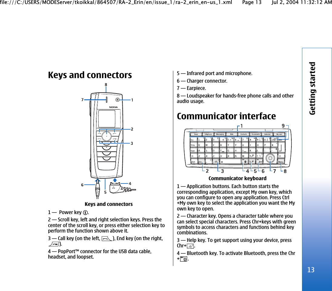 Keys and connectorsKeys and connectors1— Power key  .2—Scroll key, left and right selection keys. Press thecenter of the scroll key, or press either selection key toperform the function shown above it.3—Call key (on the left,  ), End key (on the right,).4—PopPort™ connector for the USB data cable,headset, and loopset.5—Infrared port and microphone.6—Charger connector.7—Earpiece.8—Loudspeaker for hands-free phone calls and otheraudio usage.Communicator interfaceCommunicator keyboard1—Application buttons. Each button starts thecorresponding application, except My own key, whichyou can configure to open any application. Press Ctrl+My own key to select the application you want the Myown key to open.2—Character key. Opens a character table where youcan select special characters. Press Chr+keys with greensymbols to access characters and functions behind keycombinations.3—Help key. To get support using your device, pressChr+ .4—Bluetooth key. To activate Bluetooth, press the Chr+.13Getting startedfile:///C:/USERS/MODEServer/tkoikkal/864507/RA-2_Erin/en/issue_1/ra-2_erin_en-us_1.xml Page 13 Jul 2, 2004 11:32:12 AMfile:///C:/USERS/MODEServer/tkoikkal/864507/RA-2_Erin/en/issue_1/ra-2_erin_en-us_1.xml Page 13 Jul 2, 2004 11:32:12 AM
