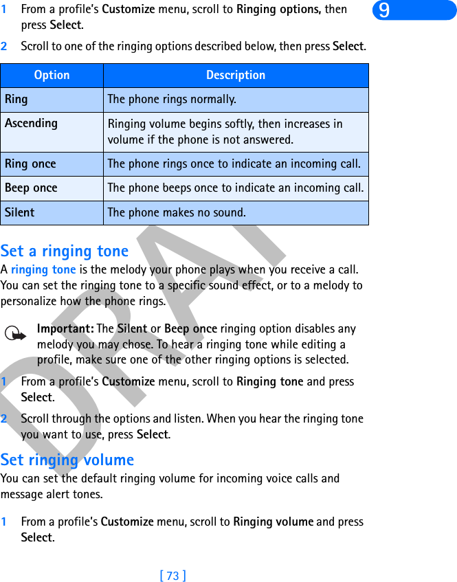 DRAFT[ 73 ]91From a profile’s Customize menu, scroll to Ringing options, then press Select. 2Scroll to one of the ringing options described below, then press Select.Set a ringing toneA ringing tone is the melody your phone plays when you receive a call. You can set the ringing tone to a specific sound effect, or to a melody to personalize how the phone rings. Important: The Silent or Beep once ringing option disables any melody you may chose. To hear a ringing tone while editing a profile, make sure one of the other ringing options is selected.1From a profile’s Customize menu, scroll to Ringing tone and press Select. 2Scroll through the options and listen. When you hear the ringing tone you want to use, press Select.Set ringing volumeYou can set the default ringing volume for incoming voice calls and message alert tones. 1From a profile’s Customize menu, scroll to Ringing volume and press Select. Option DescriptionRing The phone rings normally.Ascending Ringing volume begins softly, then increases in volume if the phone is not answered.Ring once The phone rings once to indicate an incoming call.Beep once The phone beeps once to indicate an incoming call.Silent The phone makes no sound.