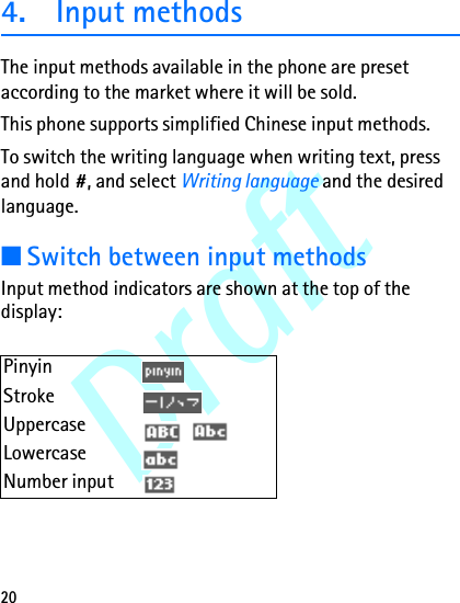Draft204. Input methodsThe input methods available in the phone are preset according to the market where it will be sold.This phone supports simplified Chinese input methods.To switch the writing language when writing text, press and hold #, and select Writing language and the desired language.■Switch between input methodsInput method indicators are shown at the top of the display:PinyinStrokeUppercase   LowercaseNumber input