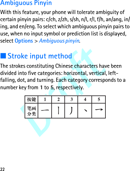 Draft22Ambiguous PinyinWith this feature, your phone will tolerate ambiguity of certain pinyin pairs: c/ch, z/zh, s/sh, n/l, r/l, f/h, an/ang, in/ing, and en/eng. To select which ambiguous pinyin pairs to use, when no input symbol or prediction list is displayed, select Options &gt; Ambiguous pinyin.■Stroke input methodThe strokes constituting Chinese characters have been divided into five categories: horizontal, vertical, left-falling, dot, and turning. Each category corresponds to a number key from 1 to 5, respectively. 