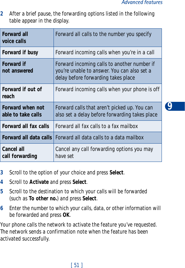 [ 51 ]Advanced features92After a brief pause, the forwarding options listed in the following table appear in the display.3Scroll to the option of your choice and press Select.4Scroll to Activate and press Select.5Scroll to the destination to which your calls will be forwarded (such as To other no.) and press Select.6Enter the number to which your calls, data, or other information will be forwarded and press OK.Your phone calls the network to activate the feature you’ve requested. The network sends a confirmation note when the feature has been activated successfully.Forward all voice calls Forward all calls to the number you specifyForward if busy Forward incoming calls when you’re in a callForward if not answered Forward incoming calls to another number if you’re unable to answer. You can also set a delay before forwarding takes placeForward if out of reach Forward incoming calls when your phone is offForward when not able to take calls Forward calls that aren’t picked up. You can also set a delay before forwarding takes placeForward all fax calls Forward all fax calls to a fax mailboxForward all data calls Forward all data calls to a data mailboxCancel all call forwarding Cancel any call forwarding options you may have set