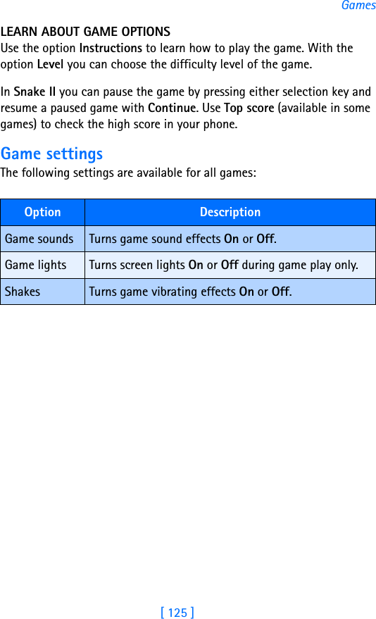 [ 125 ]GamesLEARN ABOUT GAME OPTIONSUse the option Instructions to learn how to play the game. With the option Level you can choose the difficulty level of the game.In Snake II you can pause the game by pressing either selection key and resume a paused game with Continue. Use Top score (available in some games) to check the high score in your phone.Game settingsThe following settings are available for all games:Option DescriptionGame sounds Turns game sound effects On or Off.Game lights Turns screen lights On or Off during game play only.Shakes Turns game vibrating effects On or Off.