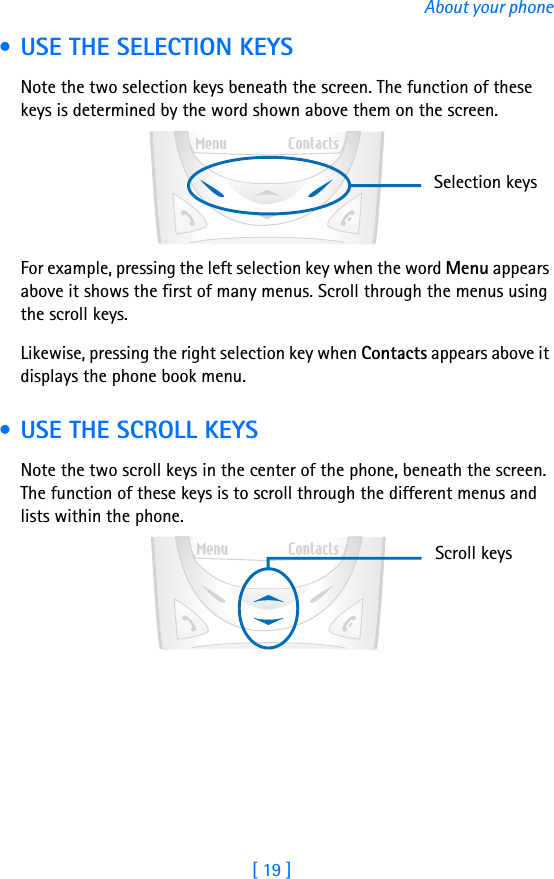 [ 19 ]About your phone • USE THE SELECTION KEYSNote the two selection keys beneath the screen. The function of these keys is determined by the word shown above them on the screen.For example, pressing the left selection key when the word Menu appears above it shows the first of many menus. Scroll through the menus using the scroll keys. Likewise, pressing the right selection key when Contacts appears above it displays the phone book menu. • USE THE SCROLL KEYSNote the two scroll keys in the center of the phone, beneath the screen. The function of these keys is to scroll through the different menus and lists within the phone. Selection keys Scroll keys