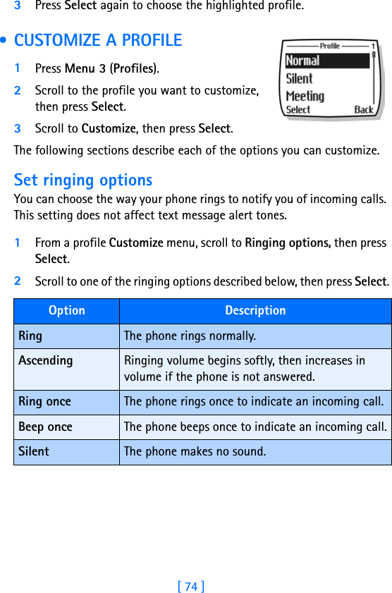 [ 74 ]3Press Select again to choose the highlighted profile.  • CUSTOMIZE A PROFILE1Press Menu 3 (Profiles).2Scroll to the profile you want to customize, then press Select.3Scroll to Customize, then press Select.The following sections describe each of the options you can customize.Set ringing optionsYou can choose the way your phone rings to notify you of incoming calls. This setting does not affect text message alert tones. 1From a profile Customize menu, scroll to Ringing options, then press Select. 2Scroll to one of the ringing options described below, then press Select.Option DescriptionRing The phone rings normally.Ascending Ringing volume begins softly, then increases in volume if the phone is not answered.Ring once The phone rings once to indicate an incoming call.Beep once The phone beeps once to indicate an incoming call.Silent The phone makes no sound.