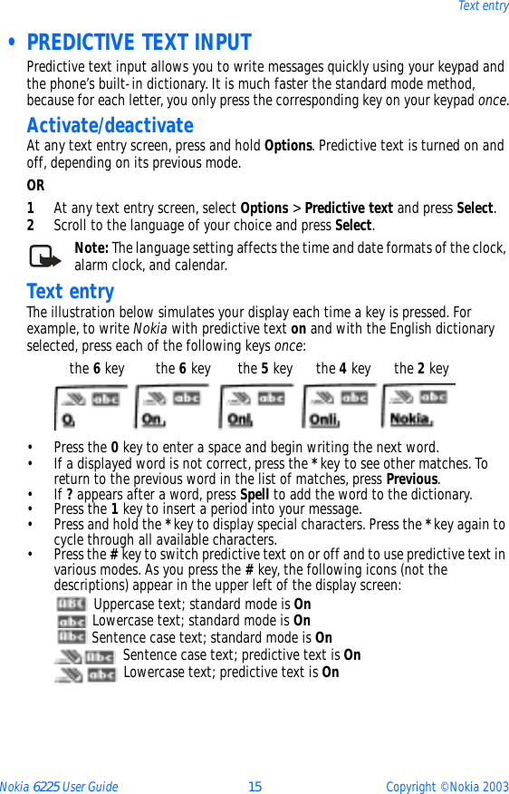Nokia 6225 User Guide 15 Copyright © Nokia 2003Text entry • PREDICTIVE TEXT INPUTPredictive text input allows you to write messages quickly using your keypad and the phone’s built-in dictionary. It is much faster the standard mode method, because for each letter, you only press the corresponding key on your keypad once.Activate/deactivateAt any text entry screen, press and hold Options. Predictive text is turned on and off, depending on its previous mode. OR1At any text entry screen, select Options &gt; Predictive text and press Select.2Scroll to the language of your choice and press Select.Note: The language setting affects the time and date formats of the clock, alarm clock, and calendar.Text entryThe illustration below simulates your display each time a key is pressed. For example, to write Nokia with predictive text on and with the English dictionary selected, press each of the following keys once:           the 6 key        the 6 key       the 5 key      the 4 key      the 2 key•Press the 0 key to enter a space and begin writing the next word.• If a displayed word is not correct, press the * key to see other matches. To return to the previous word in the list of matches, press Previous.•If ? appears after a word, press Spell to add the word to the dictionary.•Press the 1 key to insert a period into your message.•Press and hold the * key to display special characters. Press the * key again to cycle through all available characters.•Press the # key to switch predictive text on or off and to use predictive text in various modes. As you press the # key, the following icons (not the descriptions) appear in the upper left of the display screen: Uppercase text; standard mode is On Lowercase text; standard mode is On Sentence case text; standard mode is On Sentence case text; predictive text is On Lowercase text; predictive text is On