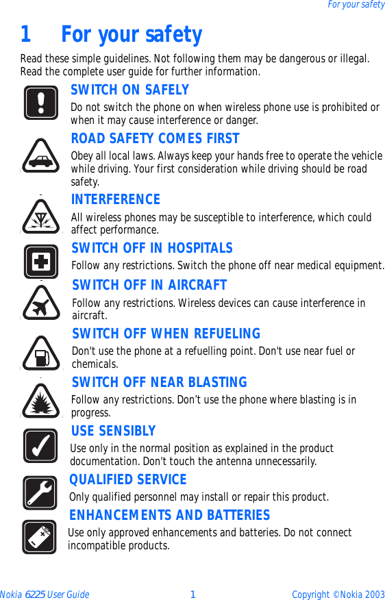 Nokia 6225 User Guide 1Copyright © Nokia 2003For your safety1 For your safetyRead these simple guidelines. Not following them may be dangerous or illegal. Read the complete user guide for further information.SWITCH ON SAFELYDo not switch the phone on when wireless phone use is prohibited or when it may cause interference or danger.ROAD SAFETY COMES FIRSTObey all local laws. Always keep your hands free to operate the vehicle while driving. Your first consideration while driving should be road safety.INTERFERENCEAll wireless phones may be susceptible to interference, which could affect performance.SWITCH OFF IN HOSPITALSFollow any restrictions. Switch the phone off near medical equipment.SWITCH OFF IN AIRCRAFTFollow any restrictions. Wireless devices can cause interference in aircraft.SWITCH OFF WHEN REFUELINGDon&apos;t use the phone at a refuelling point. Don&apos;t use near fuel or chemicals.SWITCH OFF NEAR BLASTINGFollow any restrictions. Don’t use the phone where blasting is in progress.USE SENSIBLYUse only in the normal position as explained in the product documentation. Don&apos;t touch the antenna unnecessarily.QUALIFIED SERVICEOnly qualified personnel may install or repair this product.ENHANCEMENTS AND BATTERIESUse only approved enhancements and batteries. Do not connect incompatible products.