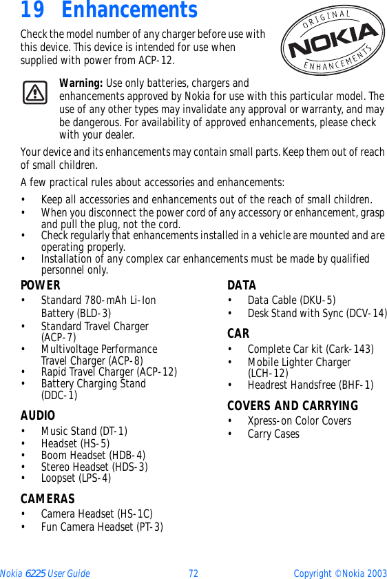 Nokia 6225 User Guide 72 Copyright © Nokia 200319 EnhancementsCheck the model number of any charger before use with this device. This device is intended for use when supplied with power from ACP-12.Warning: Use only batteries, chargers and enhancements approved by Nokia for use with this particular model. The use of any other types may invalidate any approval or warranty, and may be dangerous. For availability of approved enhancements, please check with your dealer. Your device and its enhancements may contain small parts. Keep them out of reach of small children.A few practical rules about accessories and enhancements:• Keep all accessories and enhancements out of the reach of small children.• When you disconnect the power cord of any accessory or enhancement, grasp and pull the plug, not the cord.• Check regularly that enhancements installed in a vehicle are mounted and are operating properly.• Installation of any complex car enhancements must be made by qualified personnel only.POWER• Standard 780-mAh Li-Ion Battery (BLD-3)• Standard Travel Charger (ACP-7)• Multivoltage Performance Travel Charger (ACP-8)• Rapid Travel Charger (ACP-12)• Battery Charging Stand (DDC-1)AUDIO• Music Stand (DT-1)• Headset (HS-5)• Boom Headset (HDB-4)• Stereo Headset (HDS-3)• Loopset (LPS-4)CAMERAS• Camera Headset (HS-1C)• Fun Camera Headset (PT-3)DATA• Data Cable (DKU-5)• Desk Stand with Sync (DCV-14)CAR• Complete Car kit (Cark-143)• Mobile Lighter Charger (LCH-12)• Headrest Handsfree (BHF-1)COVERS AND CARRYING• Xpress-on Color Covers• Carry Cases