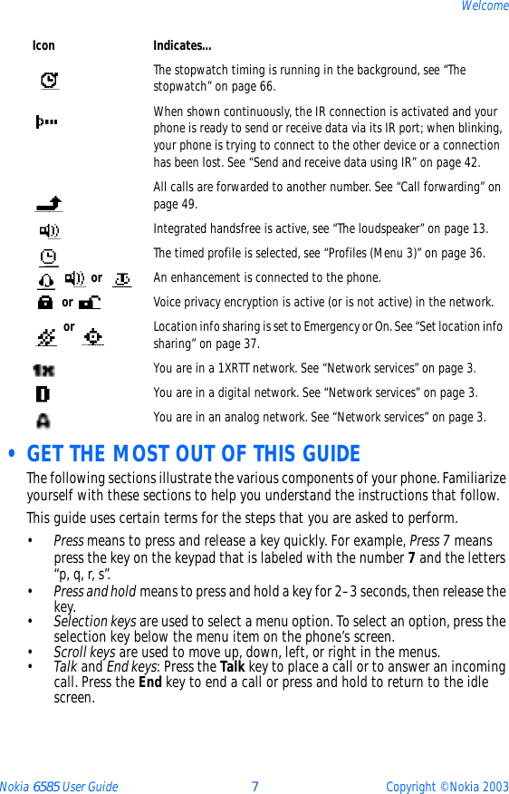 Nokia 6585 User Guide 7Copyright © Nokia 2003Welcome • GET THE MOST OUT OF THIS GUIDEThe following sections illustrate the various components of your phone. Familiarize yourself with these sections to help you understand the instructions that follow. This guide uses certain terms for the steps that you are asked to perform. •Press means to press and release a key quickly. For example, Press 7 means press the key on the keypad that is labeled with the number 7 and the letters “p, q, r, s”.•Press and hold means to press and hold a key for 2–3 seconds, then release the key.•Selection keys are used to select a menu option. To select an option, press the selection key below the menu item on the phone’s screen. •Scroll keys are used to move up, down, left, or right in the menus.•Talk and End keys: Press the Talk key to place a call or to answer an incoming call. Press the End key to end a call or press and hold to return to the idle screen.The stopwatch timing is running in the background, see “The stopwatch” on page 66.When shown continuously, the IR connection is activated and your phone is ready to send or receive data via its IR port; when blinking, your phone is trying to connect to the other device or a connection has been lost. See “Send and receive data using IR” on page 42. All calls are forwarded to another number. See “Call forwarding” on page 49.Integrated handsfree is active, see “The loudspeaker” on page 13.The timed profile is selected, see “Profiles (Menu 3)” on page 36.  or  An enhancement is connected to the phone. or  Voice privacy encryption is active (or is not active) in the network. or  Location info sharing is set to Emergency or On. See “Set location info sharing” on page 37.You are in a 1XRTT network. See “Network services” on page 3.You are in a digital network. See “Network services” on page 3.You are in an analog network. See “Network services” on page 3.Icon Indicates...
