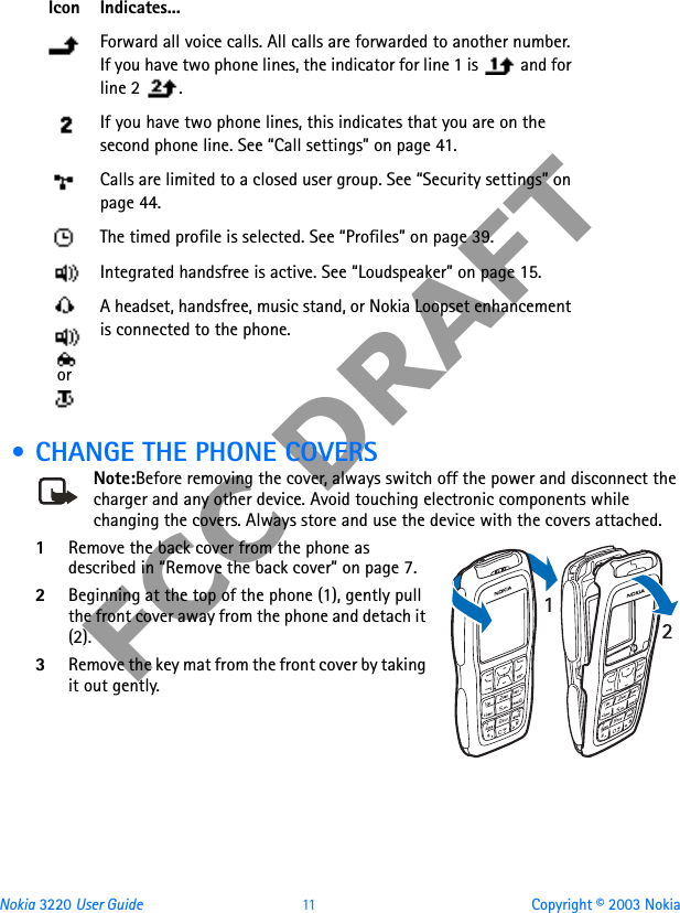 Nokia 3220 User Guide 11 Copyright © 2003 NokiaFCC DRAFT • CHANGE THE PHONE COVERSNote:Before removing the cover, always switch off the power and disconnect the charger and any other device. Avoid touching electronic components while changing the covers. Always store and use the device with the covers attached.1Remove the back cover from the phone as described in “Remove the back cover” on page 7.2Beginning at the top of the phone (1), gently pull the front cover away from the phone and detach it (2). 3Remove the key mat from the front cover by taking it out gently.Forward all voice calls. All calls are forwarded to another number. If you have two phone lines, the indicator for line 1 is   and for line 2  .If you have two phone lines, this indicates that you are on the second phone line. See “Call settings” on page 41.Calls are limited to a closed user group. See “Security settings” on page 44.The timed profile is selected. See “Profiles” on page 39.Integrated handsfree is active. See “Loudspeaker” on page 15.  orA headset, handsfree, music stand, or Nokia Loopset enhancement is connected to the phone. Icon Indicates...
