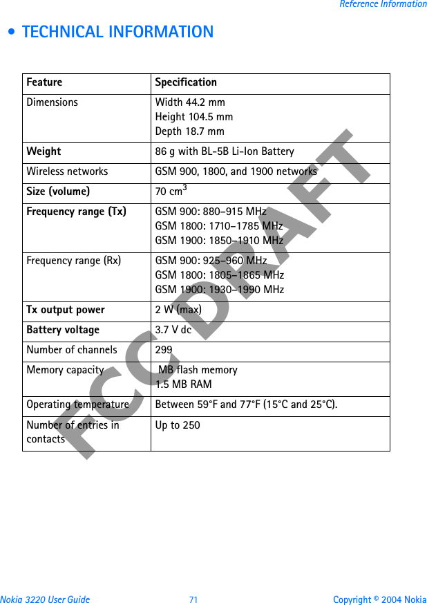 Nokia 3220 User Guide 71 Copyright © 2004 NokiaReference InformationFCC DRAFT • TECHNICAL INFORMATIONFeature SpecificationDimensions Width 44.2 mmHeight 104.5 mmDepth 18.7 mmWeight 86 g with BL-5B Li-Ion BatteryWireless networks GSM 900, 1800, and 1900 networksSize (volume) 70 cm3Frequency range (Tx) GSM 900: 880–915 MHzGSM 1800: 1710–1785 MHzGSM 1900: 1850–1910 MHzFrequency range (Rx) GSM 900: 925–960 MHzGSM 1800: 1805–1865 MHzGSM 1900: 1930–1990 MHzTx output power 2 W (max)Battery voltage 3.7 V dcNumber of channels 299Memory capacity  MB flash memory1.5 MB RAMOperating temperature Between 59°F and 77°F (15°C and 25°C). Number of entries in contactsUp to 250