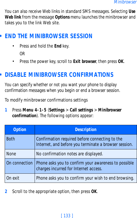 [ 133 ]MinibrowserYou can also receive Web links in standard SMS messages. Selecting Use Web link from the message Options menu launches the minibrowser and takes you to the link Web site. • END THE MINIBROWSER SESSION• Press and hold the End key. OR• Press the power key, scroll to Exit browser, then press OK. • DISABLE MINIBROWSER CONFIRMATIONSYou can specify whether or not you want your phone to display confirmation messages when you begin or end a browser session.To modify minibrowser confirmations settings1Press Menu 4-1-5 (Settings &gt; Call settings &gt; Minibrowser confirmation). The following options appear:2Scroll to the appropriate option, then press OK.Option DescriptionBoth Confirmation required before connecting to the Internet, and before you terminate a browser session.None No confirmation notes are displayed.On connection Phone asks you to confirm your awareness to possible charges incurred for Internet access.On exit Phone asks you to confirm your wish to end browsing.