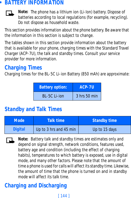 [ 144 ] • BATTERY INFORMATIONNote: The phone has a lithium ion (Li-Ion) battery. Dispose of batteries according to local regulations (for example, recycling). Do not dispose as household waste.This section provides information about the phone battery. Be aware that the information in this section is subject to change. The tables shown in this section provide information about the battery that is available for your phone, charging times with the Standard Travel Charger (ACP-7U), the talk and standby times. Consult your service provider for more information.Charging TimesCharging times for the BL-5C Li-ion Battery (850 mAh) are approximate:Standby and Talk Times     Note: Battery talk and standby times are estimates only and depend on signal strength, network conditions, features used, battery age and condition (including the effect of charging habits), temperatures to which battery is exposed, use in digital mode, and many other factors. Please note that the amount of time a phone is used for calls will affect its standby time. Likewise, the amount of time that the phone is turned on and in standby mode will affect its talk time. Charging and DischargingBattery option: ACP-7UBL-5C Li-ion 3 hrs 50 minMode Talk time Standby timeDigital Up to 3 hrs and 45 min Up to 15 days