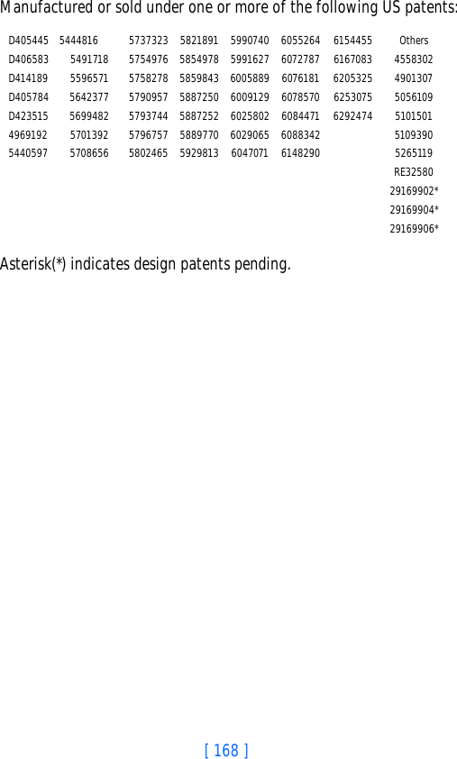 [ 168 ]Manufactured or sold under one or more of the following US patents:Asterisk(*) indicates design patents pending.D405445 5444816 5737323 5821891 5990740 6055264 6154455 OthersD406583 5491718 5754976 5854978 5991627 6072787 6167083 4558302D414189 5596571 5758278 5859843 6005889 6076181 6205325 4901307D405784 5642377 5790957 5887250 6009129 6078570 6253075 5056109D423515 5699482 5793744 5887252 6025802 6084471 6292474 51015014969192 5701392 5796757 5889770 6029065 6088342 51093905440597 5708656 5802465 5929813 6047071 6148290 5265119RE3258029169902*29169904*29169906*