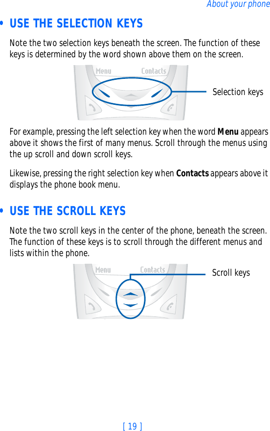[ 19 ]About your phone • USE THE SELECTION KEYSNote the two selection keys beneath the screen. The function of these keys is determined by the word shown above them on the screen.For example, pressing the left selection key when the word Menu appears above it shows the first of many menus. Scroll through the menus using the up scroll and down scroll keys. Likewise, pressing the right selection key when Contacts appears above it displays the phone book menu. • USE THE SCROLL KEYSNote the two scroll keys in the center of the phone, beneath the screen. The function of these keys is to scroll through the different menus and lists within the phone. Selection keysScroll keys
