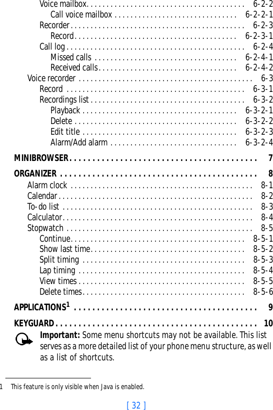 [ 32 ]Voice mailbox. . . . . . . . . . . . . . . . . . . . . . . . . . . . . . . . . . . . . . . .  6-2-2Call voice mailbox . . . . . . . . . . . . . . . . . . . . . . . . . . . . . . . 6-2-2-1Recorder. . . . . . . . . . . . . . . . . . . . . . . . . . . . . . . . . . . . . . . . . . . .  6-2-3Record. . . . . . . . . . . . . . . . . . . . . . . . . . . . . . . . . . . . . . . . . 6-2-3-1Call log. . . . . . . . . . . . . . . . . . . . . . . . . . . . . . . . . . . . . . . . . . . . .  6-2-4Missed calls . . . . . . . . . . . . . . . . . . . . . . . . . . . . . . . . . . . . 6-2-4-1Received calls. . . . . . . . . . . . . . . . . . . . . . . . . . . . . . . . . . . 6-2-4-2Voice recorder . . . . . . . . . . . . . . . . . . . . . . . . . . . . . . . . . . . . . . . . . . . .  6-3Record . . . . . . . . . . . . . . . . . . . . . . . . . . . . . . . . . . . . . . . . . . . . .  6-3-1Recordings list. . . . . . . . . . . . . . . . . . . . . . . . . . . . . . . . . . . . . . .  6-3-2Playback . . . . . . . . . . . . . . . . . . . . . . . . . . . . . . . . . . . . . . . 6-3-2-1Delete . . . . . . . . . . . . . . . . . . . . . . . . . . . . . . . . . . . . . . . . . 6-3-2-2Edit title . . . . . . . . . . . . . . . . . . . . . . . . . . . . . . . . . . . . . . . 6-3-2-3Alarm/Add alarm . . . . . . . . . . . . . . . . . . . . . . . . . . . . . . . . 6-3-2-4MINIBROWSER. . . . . . . . . . . . . . . . . . . . . . . . . . . . . . . . . . . . . . . . .  7ORGANIZER . . . . . . . . . . . . . . . . . . . . . . . . . . . . . . . . . . . . . . . . . . .  8Alarm clock . . . . . . . . . . . . . . . . . . . . . . . . . . . . . . . . . . . . . . . . . . . . . .  8-1Calendar. . . . . . . . . . . . . . . . . . . . . . . . . . . . . . . . . . . . . . . . . . . . . . . . .  8-2To-do list . . . . . . . . . . . . . . . . . . . . . . . . . . . . . . . . . . . . . . . . . . . . . . . .  8-3Calculator. . . . . . . . . . . . . . . . . . . . . . . . . . . . . . . . . . . . . . . . . . . . . . . .  8-4Stopwatch . . . . . . . . . . . . . . . . . . . . . . . . . . . . . . . . . . . . . . . . . . . . . . .  8-5Continue. . . . . . . . . . . . . . . . . . . . . . . . . . . . . . . . . . . . . . . . . . . .  8-5-1Show last time. . . . . . . . . . . . . . . . . . . . . . . . . . . . . . . . . . . . . . .  8-5-2Split timing . . . . . . . . . . . . . . . . . . . . . . . . . . . . . . . . . . . . . . . . .  8-5-3Lap timing . . . . . . . . . . . . . . . . . . . . . . . . . . . . . . . . . . . . . . . . . .  8-5-4View times . . . . . . . . . . . . . . . . . . . . . . . . . . . . . . . . . . . . . . . . . .  8-5-5Delete times. . . . . . . . . . . . . . . . . . . . . . . . . . . . . . . . . . . . . . . . .  8-5-6APPLICATIONS1 . . . . . . . . . . . . . . . . . . . . . . . . . . . . . . . . . . . . . . . .  9KEYGUARD. . . . . . . . . . . . . . . . . . . . . . . . . . . . . . . . . . . . . . . . . . . .  10Important: Some menu shortcuts may not be available. This list serves as a more detailed list of your phone menu structure, as well as a list of shortcuts.1 This feature is only visible when Java is enabled.