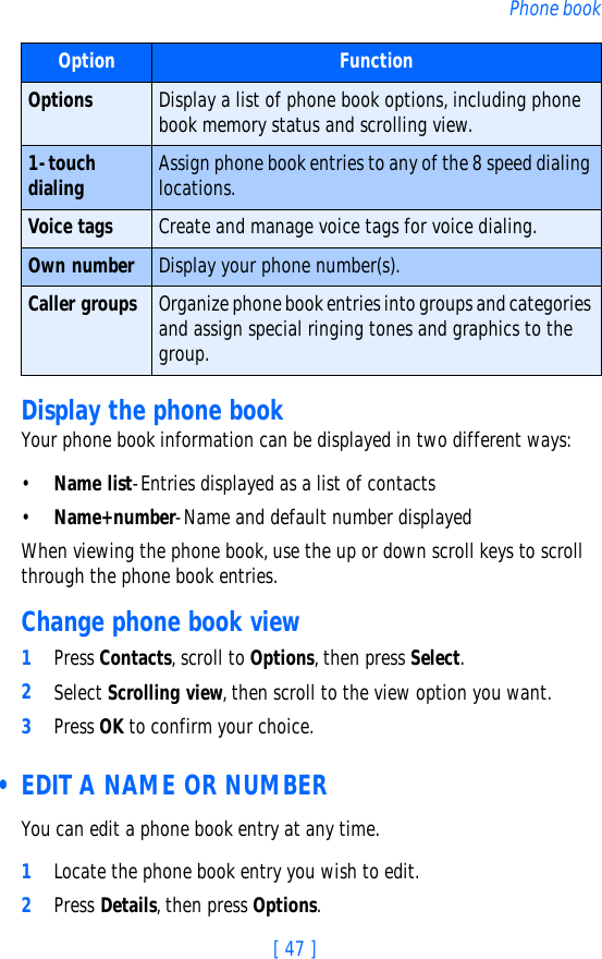 [ 47 ]Phone bookDisplay the phone bookYour phone book information can be displayed in two different ways:•Name list-Entries displayed as a list of contacts•Name+number-Name and default number displayedWhen viewing the phone book, use the up or down scroll keys to scroll through the phone book entries. Change phone book view1Press Contacts, scroll to Options, then press Select.2Select Scrolling view, then scroll to the view option you want. 3Press OK to confirm your choice. • EDIT A NAME OR NUMBERYou can edit a phone book entry at any time.1Locate the phone book entry you wish to edit.2Press Details, then press Options. Options Display a list of phone book options, including phone book memory status and scrolling view.1-touch dialing Assign phone book entries to any of the 8 speed dialing locations.Voice tags Create and manage voice tags for voice dialing.Own number Display your phone number(s).Caller groups Organize phone book entries into groups and categories and assign special ringing tones and graphics to the group.Option Function