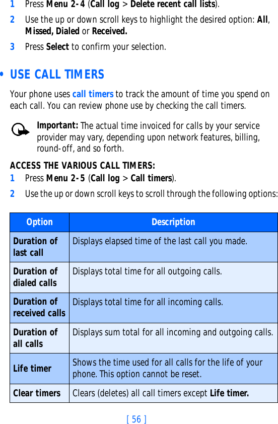 [ 56 ]1Press Menu 2-4 (Call log &gt; Delete recent call lists).2Use the up or down scroll keys to highlight the desired option: All, Missed, Dialed or Received.3Press Select to confirm your selection. • USE CALL TIMERSYour phone uses call timers to track the amount of time you spend on each call. You can review phone use by checking the call timers.Important: The actual time invoiced for calls by your service provider may vary, depending upon network features, billing, round-off, and so forth.ACCESS THE VARIOUS CALL TIMERS:1Press Menu 2-5 (Call log &gt; Call timers).2Use the up or down scroll keys to scroll through the following options:Option DescriptionDuration of last call Displays elapsed time of the last call you made.Duration of dialed calls Displays total time for all outgoing calls.Duration of received calls Displays total time for all incoming calls.Duration of all calls  Displays sum total for all incoming and outgoing calls.Life timer Shows the time used for all calls for the life of your phone. This option cannot be reset.Clear timers Clears (deletes) all call timers except Life timer.