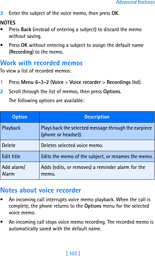 [ 103 ]Advanced features3Enter the subject of the voice memo, then press OK.NOTES• Press Back (instead of entering a subject) to discard the memo without saving.• Press OK without entering a subject to assign the default name (Recording) to the memo.Work with recorded memosTo view a list of recorded memos:1Press Menu 6-3-2 (Voice &gt; Voice recorder &gt; Recordings list).2Scroll through the list of memos, then press Options.The following options are available:Notes about voice recorder• An incoming call interrupts voice memo playback. When the call is complete, the phone returns to the Options menu for the selected voice memo.• An incoming call stops voice memo recording. The recorded memo is automatically saved with the default name.Option DescriptionPlayback Plays back the selected message through the earpiece (phone or headset).Delete Deletes selected voice memo.Edit title Edits the memo of the subject, or renames the memo.Add alarm/AlarmAdds (edits, or removes) a reminder alarm for the memo.