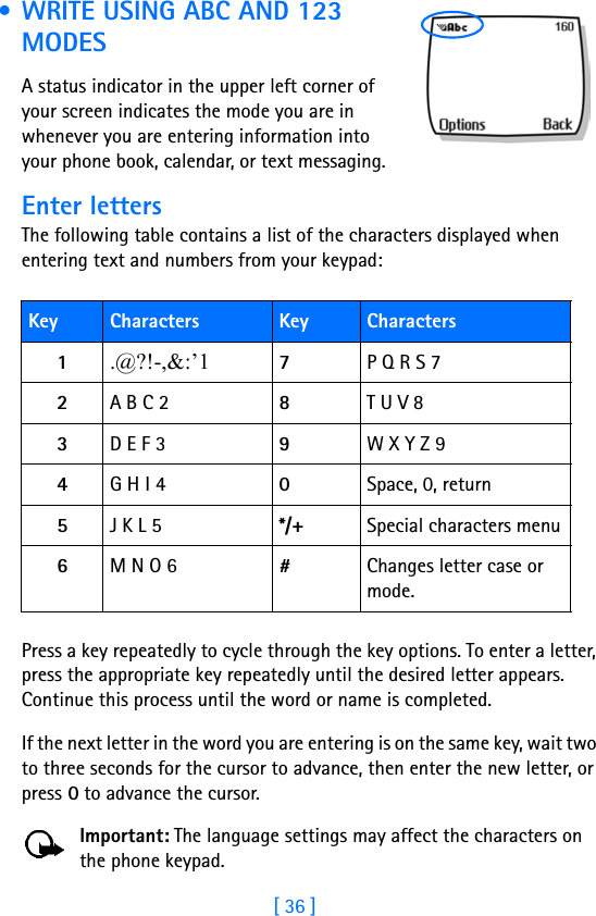 [ 36 ] • WRITE USING ABC AND 123 MODESA status indicator in the upper left corner of your screen indicates the mode you are in whenever you are entering information into your phone book, calendar, or text messaging.Enter lettersThe following table contains a list of the characters displayed when entering text and numbers from your keypad:Press a key repeatedly to cycle through the key options. To enter a letter, press the appropriate key repeatedly until the desired letter appears. Continue this process until the word or name is completed. If the next letter in the word you are entering is on the same key, wait two to three seconds for the cursor to advance, then enter the new letter, or press 0 to advance the cursor.Important: The language settings may affect the characters on the phone keypad.Key Characters Key Characters1.@?!-,&amp;:’1 7P Q R S 72A B C 2 8T U V 83D E F 3 9W X Y Z 94G H I 4 0Space, 0, return 5J K L 5 */+ Special characters menu6M N O 6 #Changes letter case or mode.