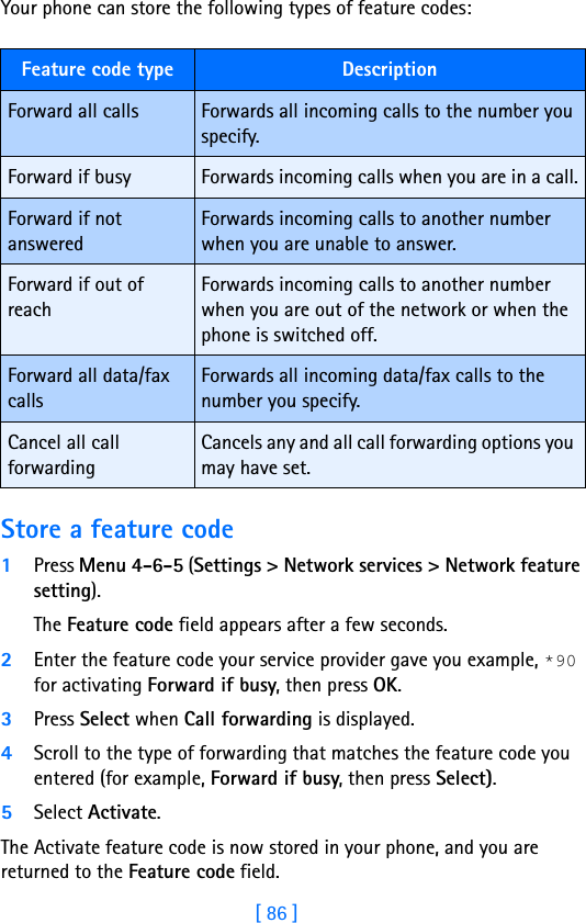 [ 86 ]Your phone can store the following types of feature codes: Store a feature code1Press Menu 4-6-5 (Settings &gt; Network services &gt; Network feature setting). The Feature code field appears after a few seconds.2Enter the feature code your service provider gave you example, *90 for activating Forward if busy, then press OK. 3Press Select when Call forwarding is displayed.4Scroll to the type of forwarding that matches the feature code you entered (for example, Forward if busy, then press Select).5Select Activate.The Activate feature code is now stored in your phone, and you are returned to the Feature code field.Feature code type DescriptionForward all calls Forwards all incoming calls to the number you specify.Forward if busy Forwards incoming calls when you are in a call.Forward if not answeredForwards incoming calls to another number when you are unable to answer.Forward if out of reachForwards incoming calls to another number when you are out of the network or when the phone is switched off.Forward all data/fax callsForwards all incoming data/fax calls to the number you specify.Cancel all call forwardingCancels any and all call forwarding options you may have set.