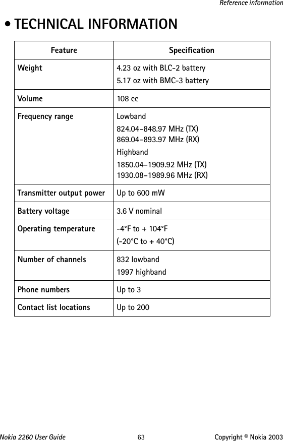 Nokia 2260 User Guide 63 Copyright © Nokia 2003Reference information • TECHNICAL INFORMATIONFeature SpecificationWeight 4.23 oz with BLC-2 battery5.17 oz with BMC-3 batteryVolume 108 ccFrequency range Lowband824.04–848.97 MHz (TX) 869.04–893.97 MHz (RX)Highband1850.04–1909.92 MHz (TX) 1930.08–1989.96 MHz (RX)Transmitter output power Up to 600 mWBattery voltage 3.6 V nominalOperating temperature -4°F to + 104°F(-20°C to + 40°C)Number of channels 832 lowband1997 highbandPhone numbers Up to 3Contact list locations Up to 200