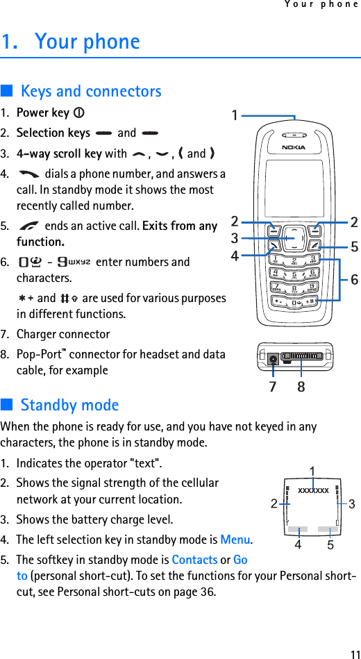 Your phone111. Your phone■Keys and connectors1. Power key 2. Selection keys  and 3. 4-way scroll key with , ,  and 4.  dials a phone number, and answers a call. In standby mode it shows the most recently called number.5.  ends an active call. Exits from any function.6.  -   enter numbers and characters. and   are used for various purposes in different functions.7. Charger connector8. Pop-Port™ connector for headset and data cable, for example■Standby modeWhen the phone is ready for use, and you have not keyed in any characters, the phone is in standby mode.1. Indicates the operator &quot;text&quot;.2. Shows the signal strength of the cellular network at your current location. 3. Shows the battery charge level.4. The left selection key in standby mode is Menu.5. The softkey in standby mode is Contacts or Go to (personal short-cut). To set the functions for your Personal short-cut, see Personal short-cuts on page 36. 78