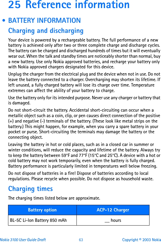 Nokia 3100 User Guide Draft  63 Copyright © 2003 Nokia25 Reference information • BATTERY INFORMATIONCharging and dischargingYour device is powered by a rechargeable battery. The full performance of a new battery is achieved only after two or three complete charge and discharge cycles. The battery can be charged and discharged hundreds of times but it will eventually wear out. When the talk and standby times are noticeably shorter than normal, buy a new battery. Use only Nokia approved batteries, and recharge your battery only with Nokia approved chargers designated for this device.Unplug the charger from the electrical plug and the device when not in use. Do not leave the battery connected to a charger. Overcharging may shorten its lifetime. If left unused, a fully charged battery will lose its charge over time. Temperature extremes can affect the ability of your battery to charge.Use the battery only for its intended purpose. Never use any charger or battery that is damaged.Do not short-circuit the battery. Accidental short-circuiting can occur when a metallic object such as a coin, clip, or pen causes direct connection of the positive (+) and negative (-) terminals of the battery. (These look like metal strips on the battery.) This might happen, for example, when you carry a spare battery in your pocket or purse. Short-circuiting the terminals may damage the battery or the connecting object.Leaving the battery in hot or cold places, such as in a closed car in summer or winter conditions, will reduce the capacity and lifetime of the battery. Always try to keep the battery between 59°F and 77°F (15°C and 25°C). A device with a hot or cold battery may not work temporarily, even when the battery is fully charged. Battery performance is particularly limited in temperatures well below freezing.Do not dispose of batteries in a fire! Dispose of batteries according to local regulations. Please recycle when possible. Do not dispose as household waste.Charging timesThe charging times listed below are approximate. Battery option ACP-12 ChargerBL-5C Li-Ion Battery 850 mAh __ hours