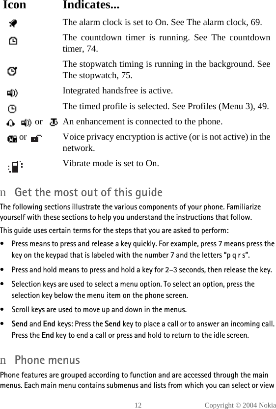 12 Copyright © 2004 NokianGet the most out of this guideThe following sections illustrate the various components of your phone. Familiarize yourself with these sections to help you understand the instructions that follow. This guide uses certain terms for the steps that you are asked to perform:• Press means to press and release a key quickly. For example, press 7 means press the key on the keypad that is labeled with the number 7 and the letters “p q r s”.•Press and hold means to press and hold a key for 2–3 seconds, then release the key.• Selection keys are used to select a menu option. To select an option, press the selection key below the menu item on the phone screen. • Scroll keys are used to move up and down in the menus.•Send and End keys: Press the Send key to place a call or to answer an incoming call. Press the End key to end a call or press and hold to return to the idle screen.nPhone menusPhone features are grouped according to function and are accessed through the main menus. Each main menu contains submenus and lists from which you can select or view The alarm clock is set to On. See The alarm clock, 69.The countdown timer is running. See The countdowntimer, 74.The stopwatch timing is running in the background. SeeThe stopwatch, 75.Integrated handsfree is active.The timed profile is selected. See Profiles (Menu 3), 49.   or  An enhancement is connected to the phone. or  Voice privacy encryption is active (or is not active) in thenetwork.Vibrate mode is set to On.Icon Indicates...