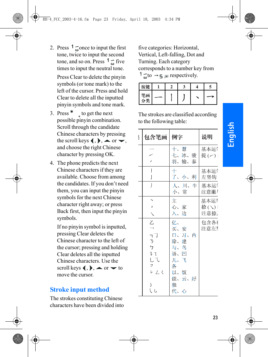 23English2. Press once to input the first tone, twice to input the second tone, and so on. Press   five times to input the neutral tone.Press Clear to delete the pinyin symbols (or tone mark) to the left of the cursor. Press and hold Clear to delete all the inputted pinyin symbols and tone mark.3. Press   to get the next possible pinyin combination. Scroll through the candidate Chinese characters by pressing the scroll keys  ,  ,   or  , and choose the right Chinese character by pressing OK.4. The phone predicts the next Chinese characters if they are available. Choose from among the candidates. If you don’t need them, you can input the pinyin symbols for the next Chinese character right away; or press Back first, then input the pinyin symbols.If no pinyin symbol is inputted, pressing Clear deletes the Chinese character to the left of the cursor; pressing and holding Clear deletes all the inputted Chinese characters. Use the scroll keys  ,  ,   or   to move the cursor.Stroke input methodThe strokes constituting Chinese characters have been divided into five categories: Horizontal, Vertical, Left-falling, Dot and Turning. Each category corresponds to a number key from to  respectively. The strokes are classified according to the following table:RH-4_FCC_2003-4-16.fm  Page 23  Friday, April 18, 2003  4:34 PM