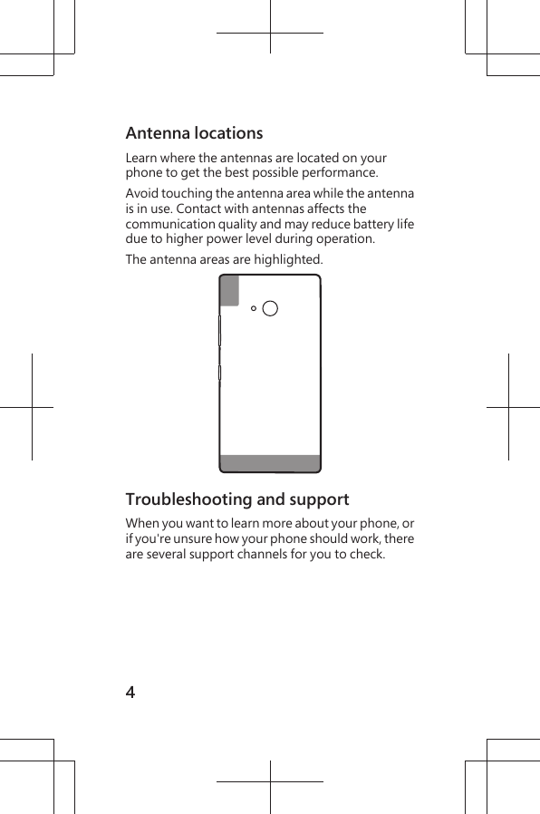 Antenna locationsLearn where the antennas are located on yourphone to get the best possible performance.Avoid touching the antenna area while the antennais in use. Contact with antennas affects thecommunication quality and may reduce battery lifedue to higher power level during operation.The antenna areas are highlighted.Troubleshooting and supportWhen you want to learn more about your phone, orif you&apos;re unsure how your phone should work, thereare several support channels for you to check.4