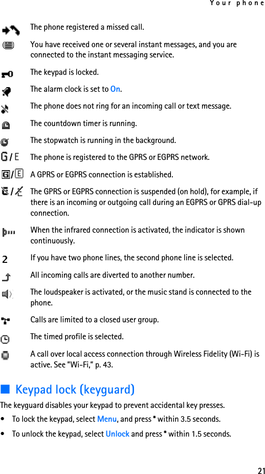 Your phone21The phone registered a missed call. You have received one or several instant messages, and you are connected to the instant messaging service.The keypad is locked.The alarm clock is set to On.The phone does not ring for an incoming call or text message.The countdown timer is running.The stopwatch is running in the background./The phone is registered to the GPRS or EGPRS network./A GPRS or EGPRS connection is established./The GPRS or EGPRS connection is suspended (on hold), for example, if there is an incoming or outgoing call during an EGPRS or GPRS dial-up connection.When the infrared connection is activated, the indicator is shown continuously.If you have two phone lines, the second phone line is selected.All incoming calls are diverted to another number.The loudspeaker is activated, or the music stand is connected to the phone.Calls are limited to a closed user group.The timed profile is selected.A call over local access connection through Wireless Fidelity (Wi-Fi) is active. See ”Wi-Fi,” p. 43.■Keypad lock (keyguard)The keyguard disables your keypad to prevent accidental key presses.• To lock the keypad, select Menu, and press * within 3.5 seconds.• To unlock the keypad, select Unlock and press * within 1.5 seconds.